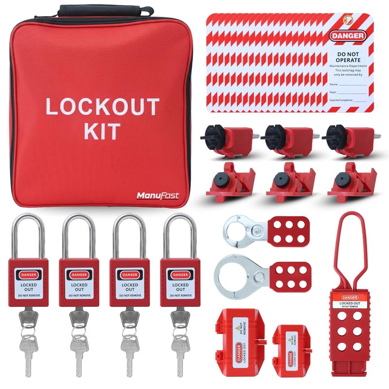 Manufast Lockout Tagout Kit for Electrical Loto - Comes with Steel Hasps, Locks, Nylon Hasps, Safety Tags - Carrying Case - Image 1